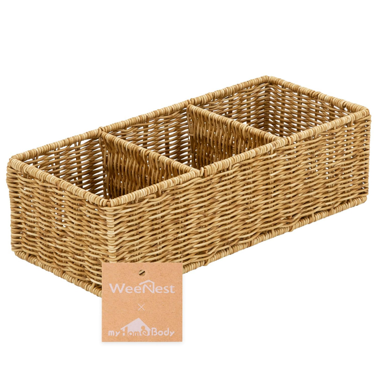 myHomeBody wicker basket with three compartments keeps bathroom essentials neatly organized