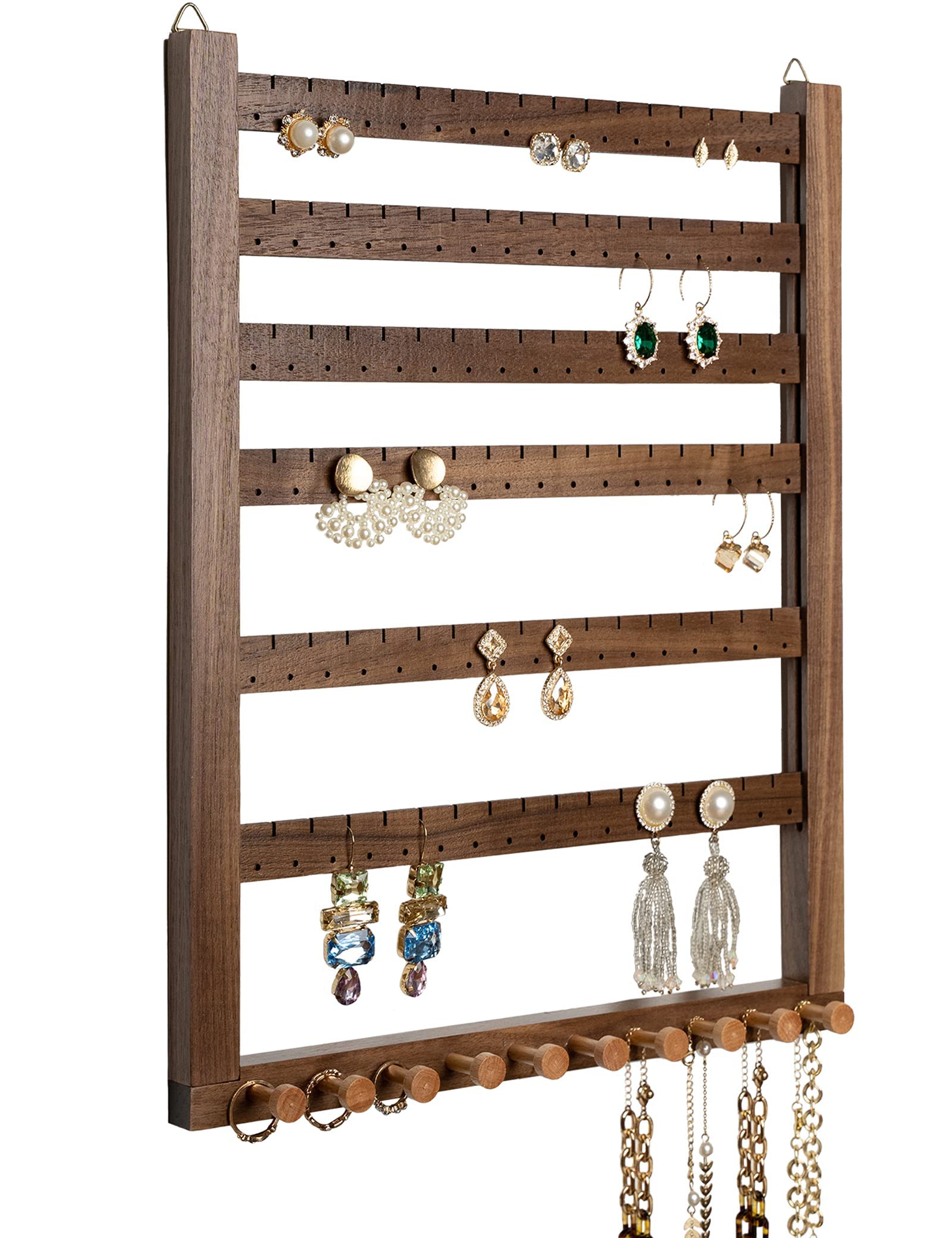 Mymazn easy-assemble wall holder in walnut wood displays earrings neatly for quick access.