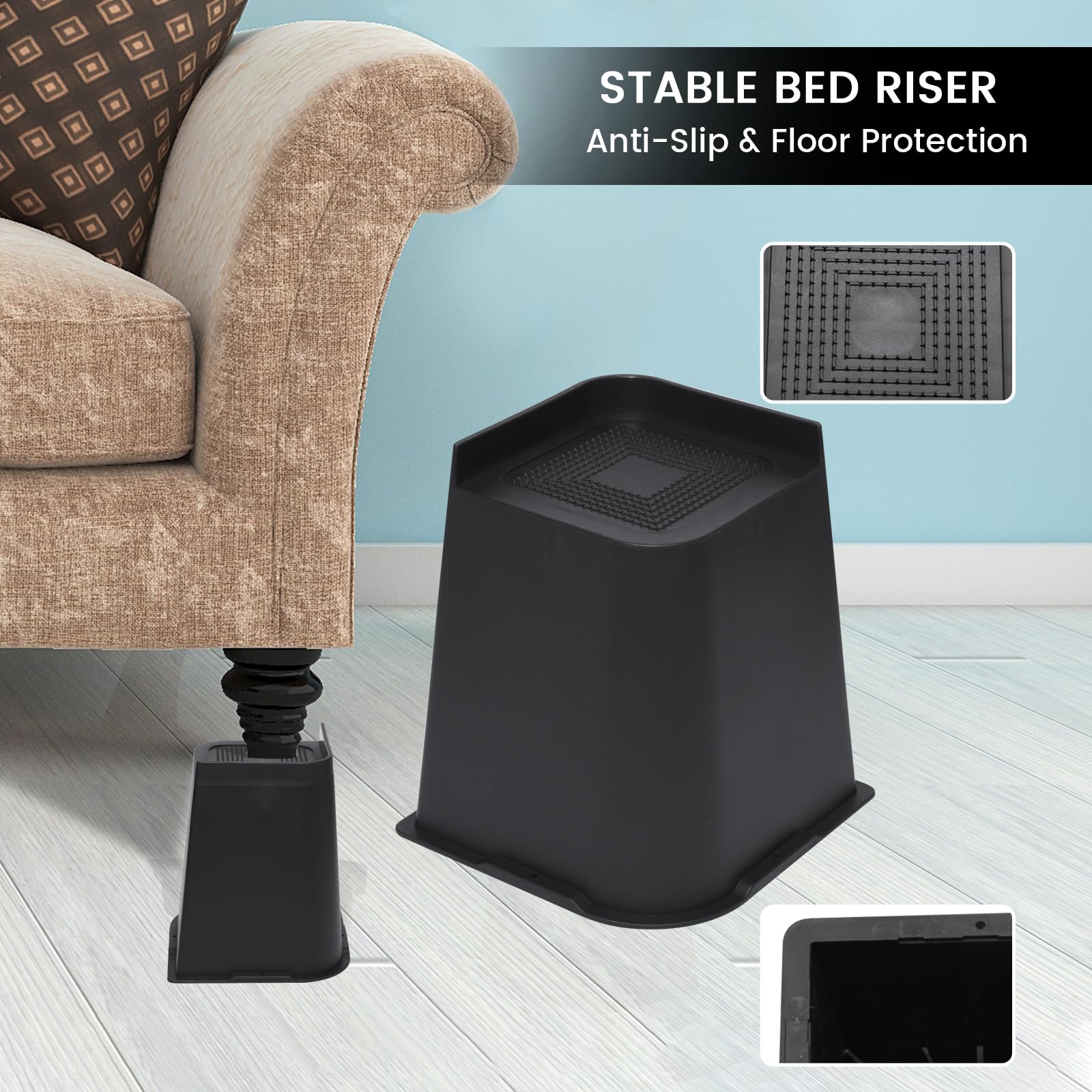 MYMULIKE bed risers anti-slip bottom protects floors and reduces movement.