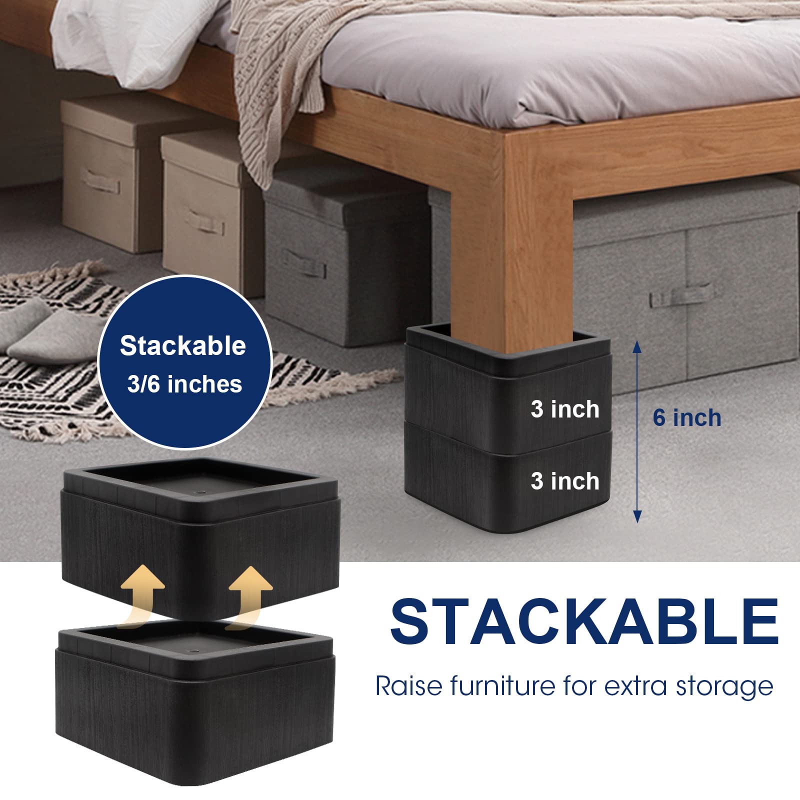 MYMULIKE risers create under-furniture storage space in any room