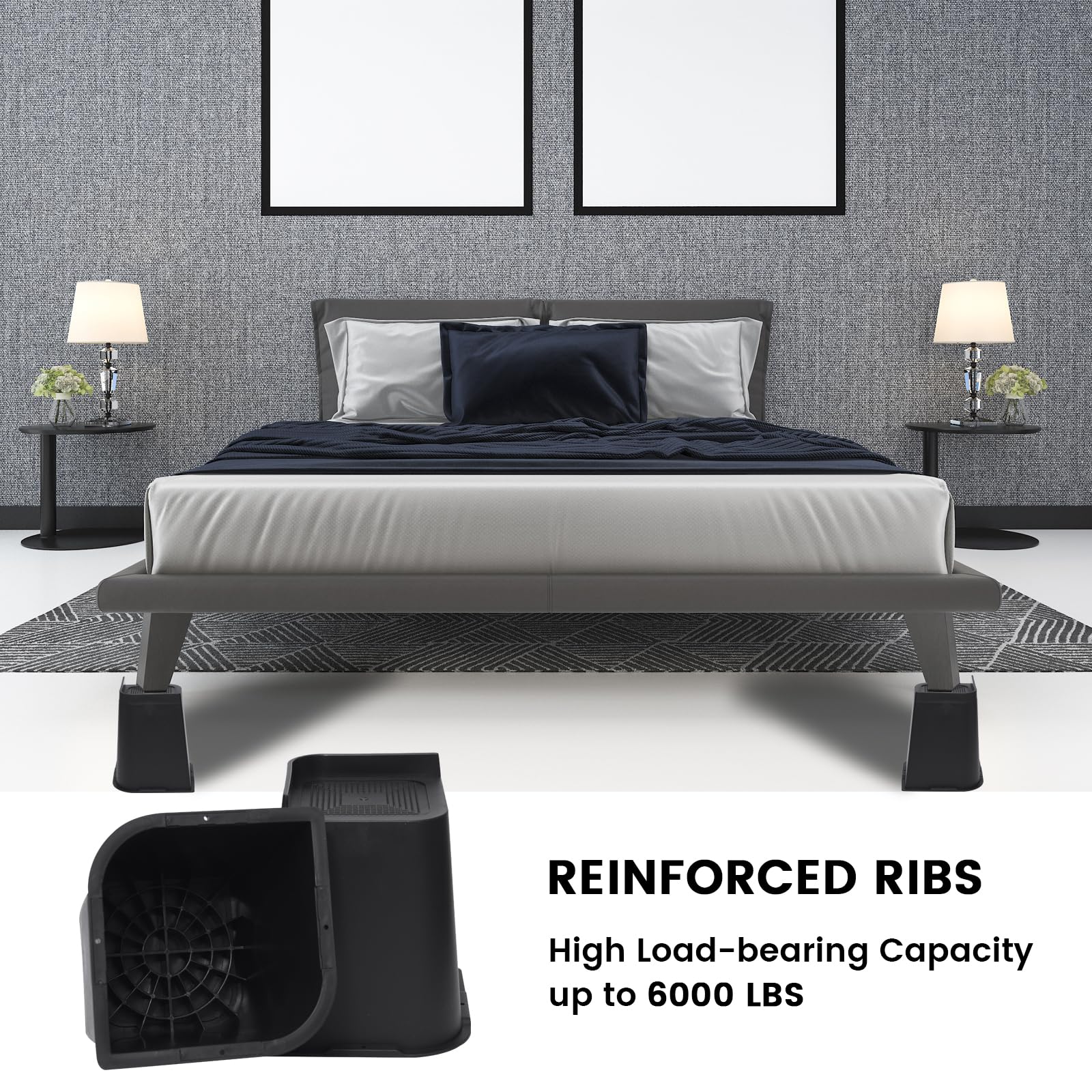 MYMULIKE bed risers oversized-top-surface distributes weight for stability.