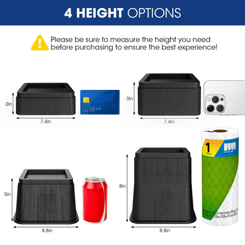 MYMULIKE stackable bed risers show 6x6 inch top for flexible height options