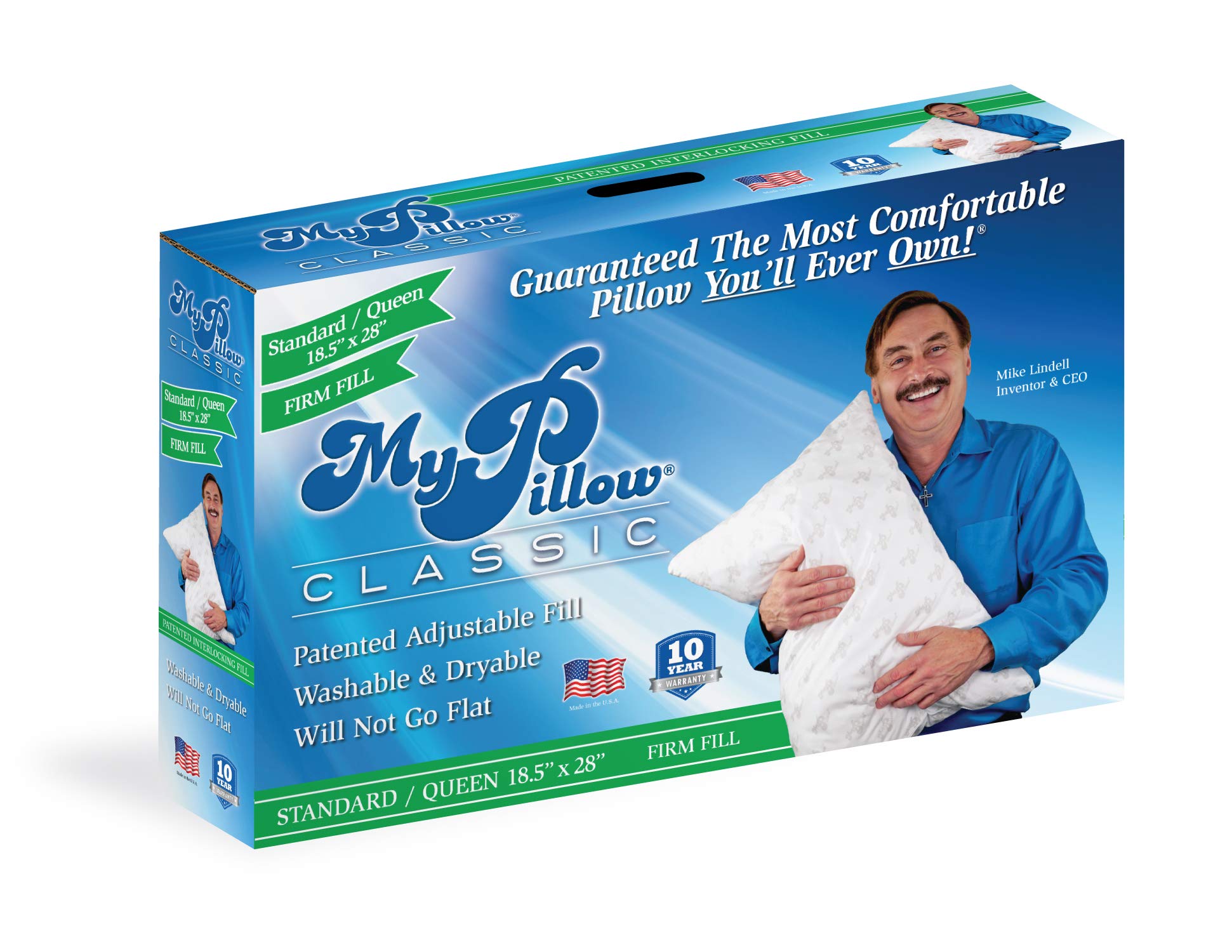MyPillow Classic Queen pillow in rolled packaging ready for delivery.