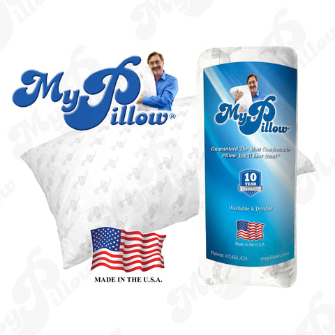MyPillow Made-in-USA badge on packaging signals quality craftsmanship.