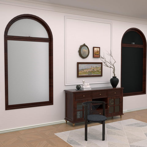 MYshade cordless half-moon shade with honeycomb insulation improves room comfort.