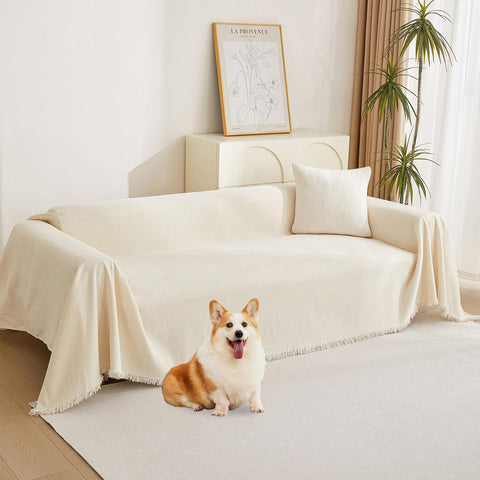 MYSKY HOME beige boho couch cover with tassels adds warmth and protection