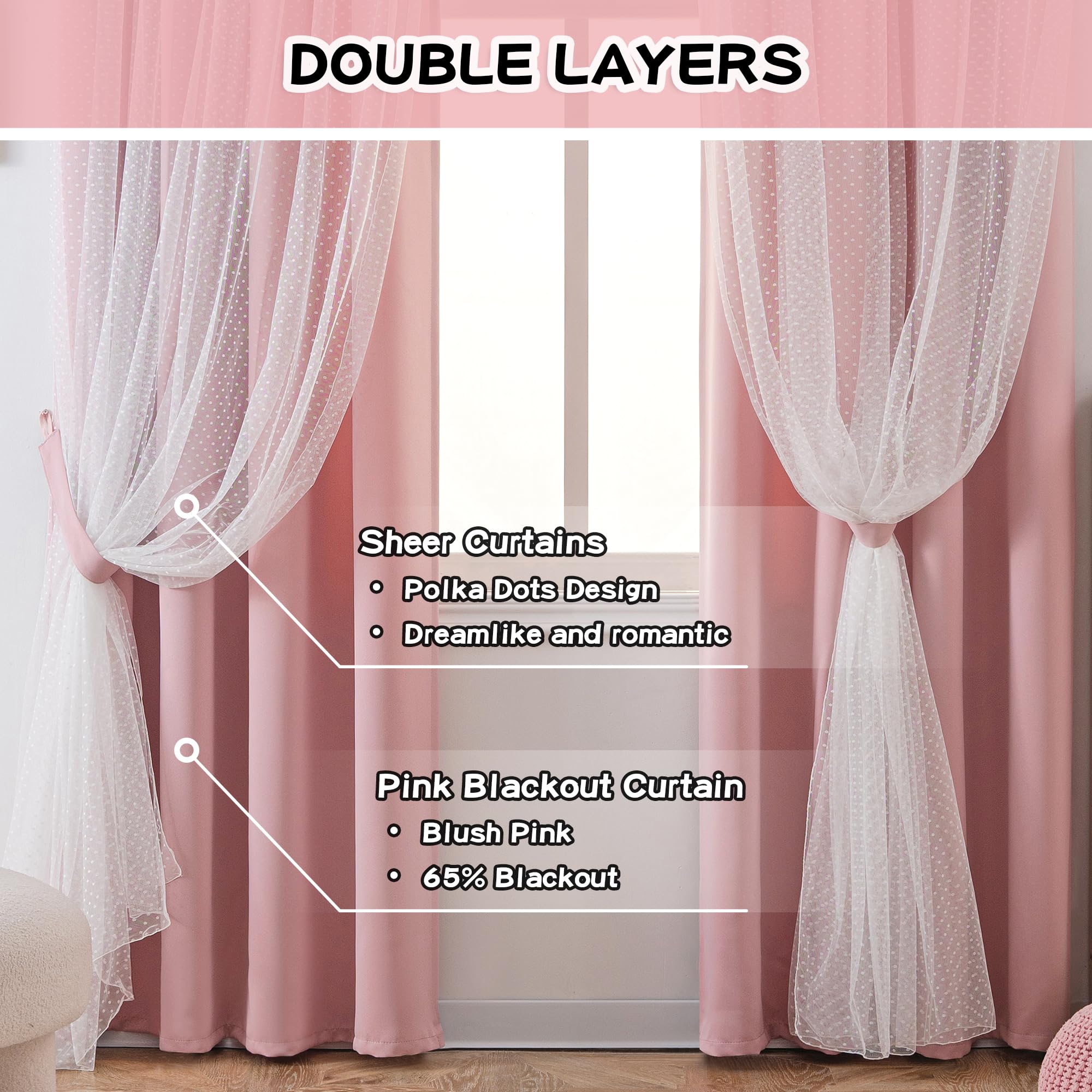 MYSKY HOME blush princess double-layer drapes with polka dot sheer for stylish privacy.