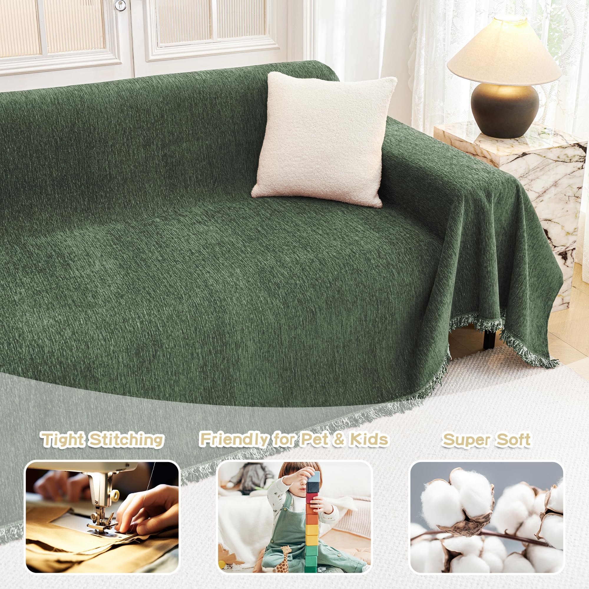 MYSKY HOME chenille sofa cover with tassels adds cozy style to rooms.