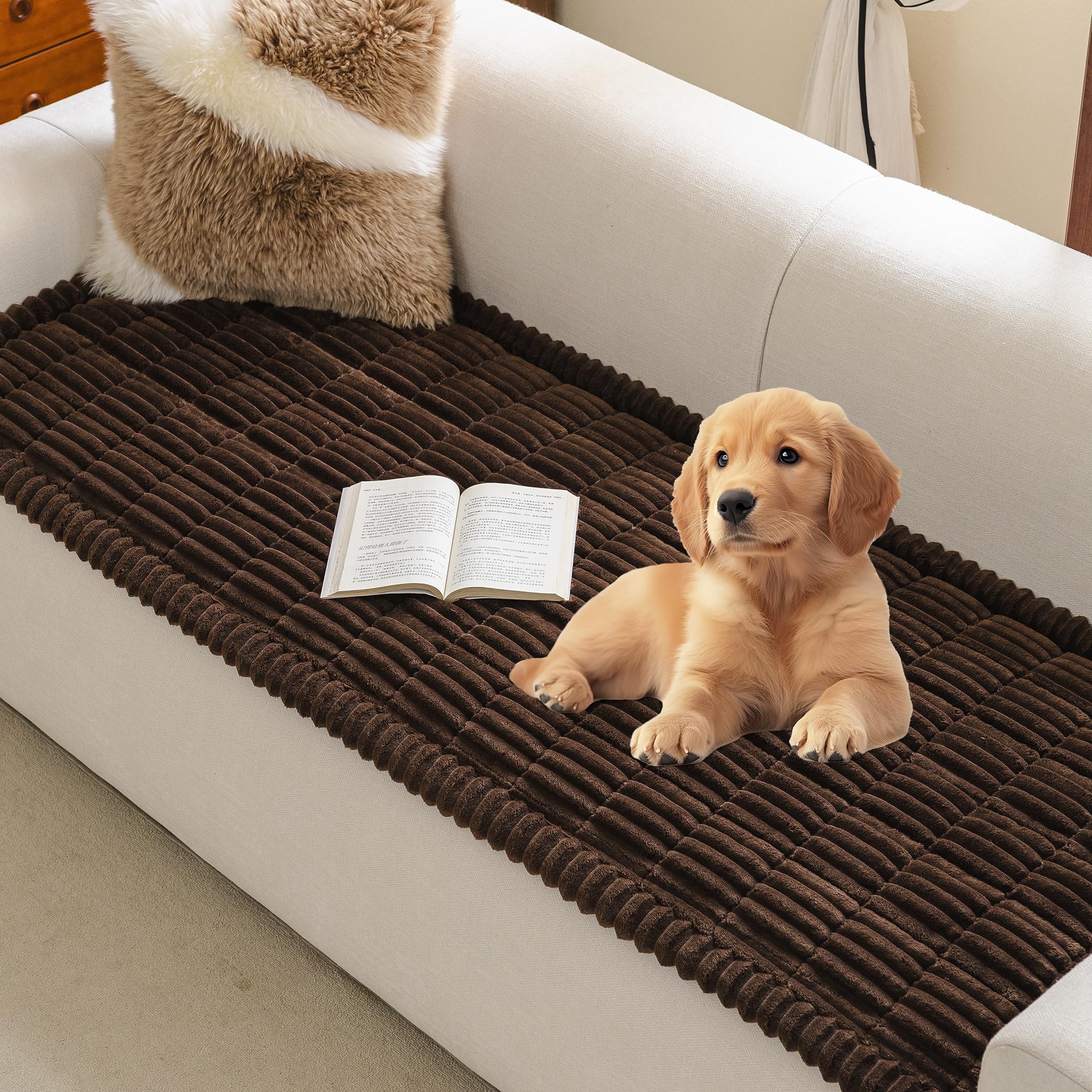 MYSKY HOME couch cover on a 3-cushion sofa in chococlate protects against pets’ fur and stains