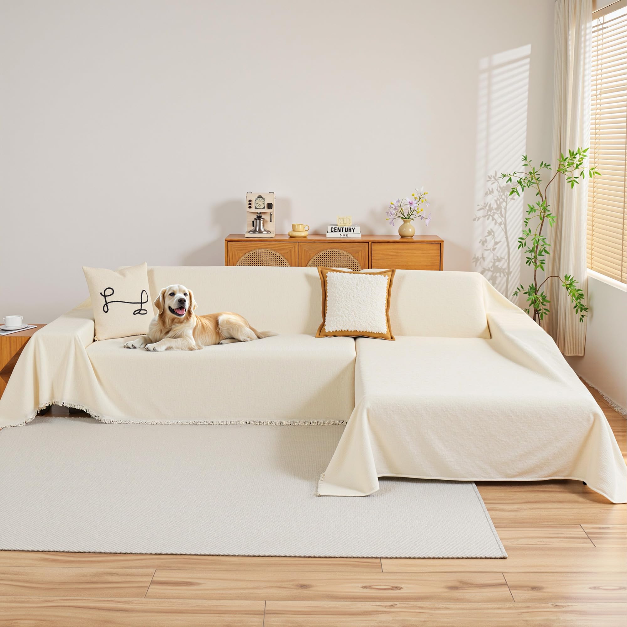 MYSKY HOME couch cover in beige sectional front view protects against wear.