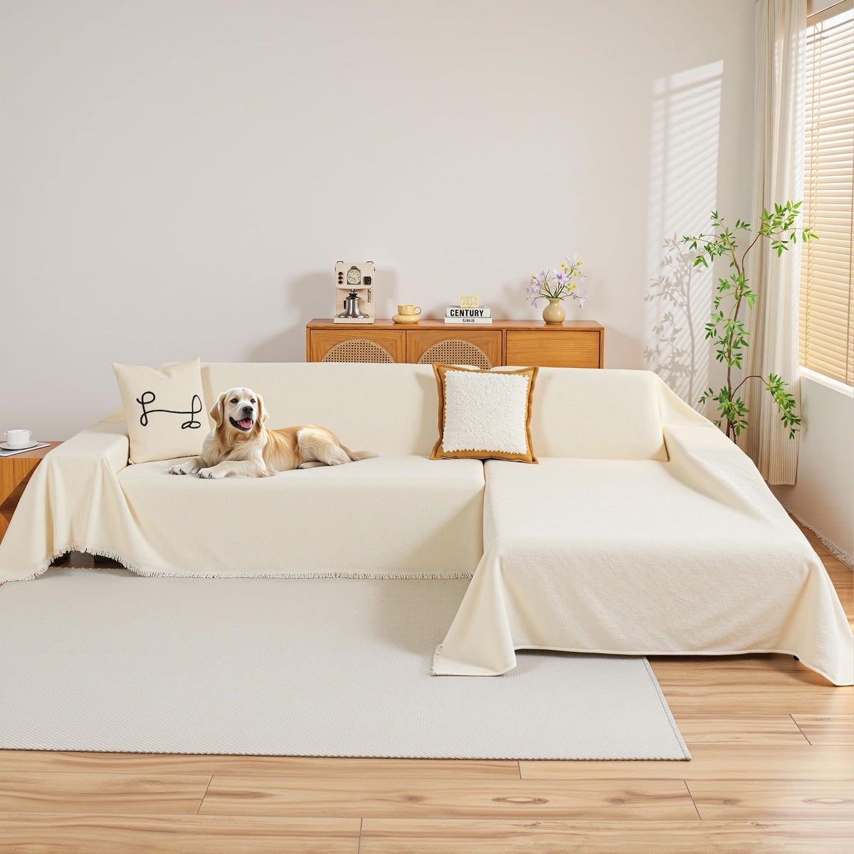 MYSKY HOME couch cover in beige sectional front view protects against wear.