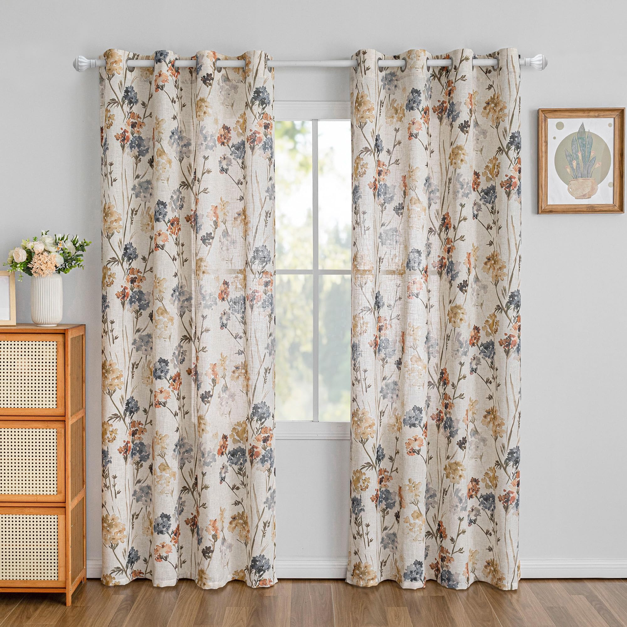 Close-up of digital floral pattern on MYSKY HOME linen curtains