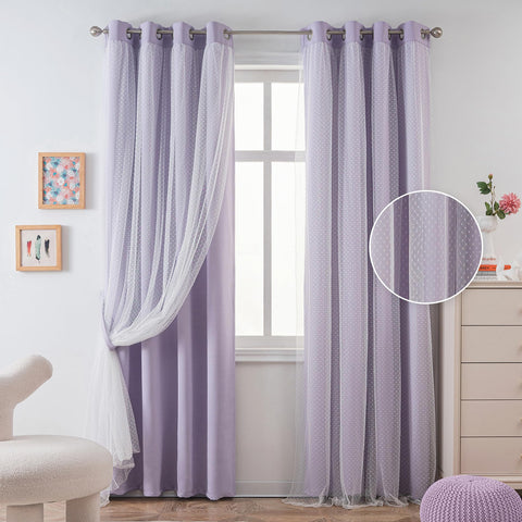 MYSKY HOME Lilac blackout curtains with polka dots, front view showing double layer for privacy