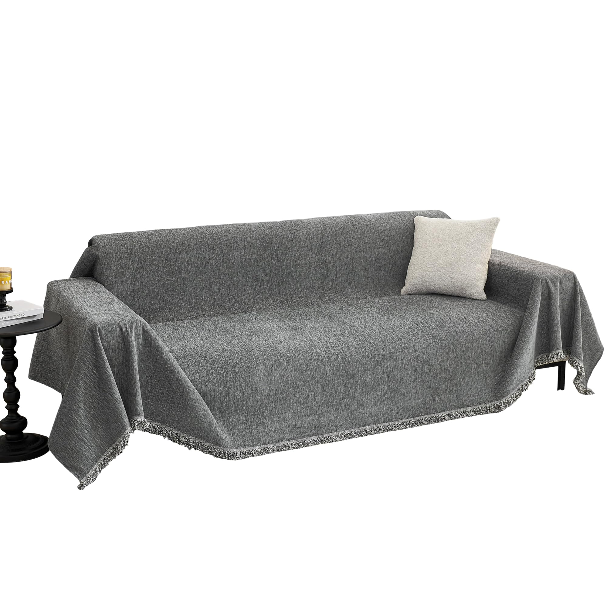 MYSKY HOME oversized couch cover on a 4-seat sofa protects furniture with soft chenille fabric.