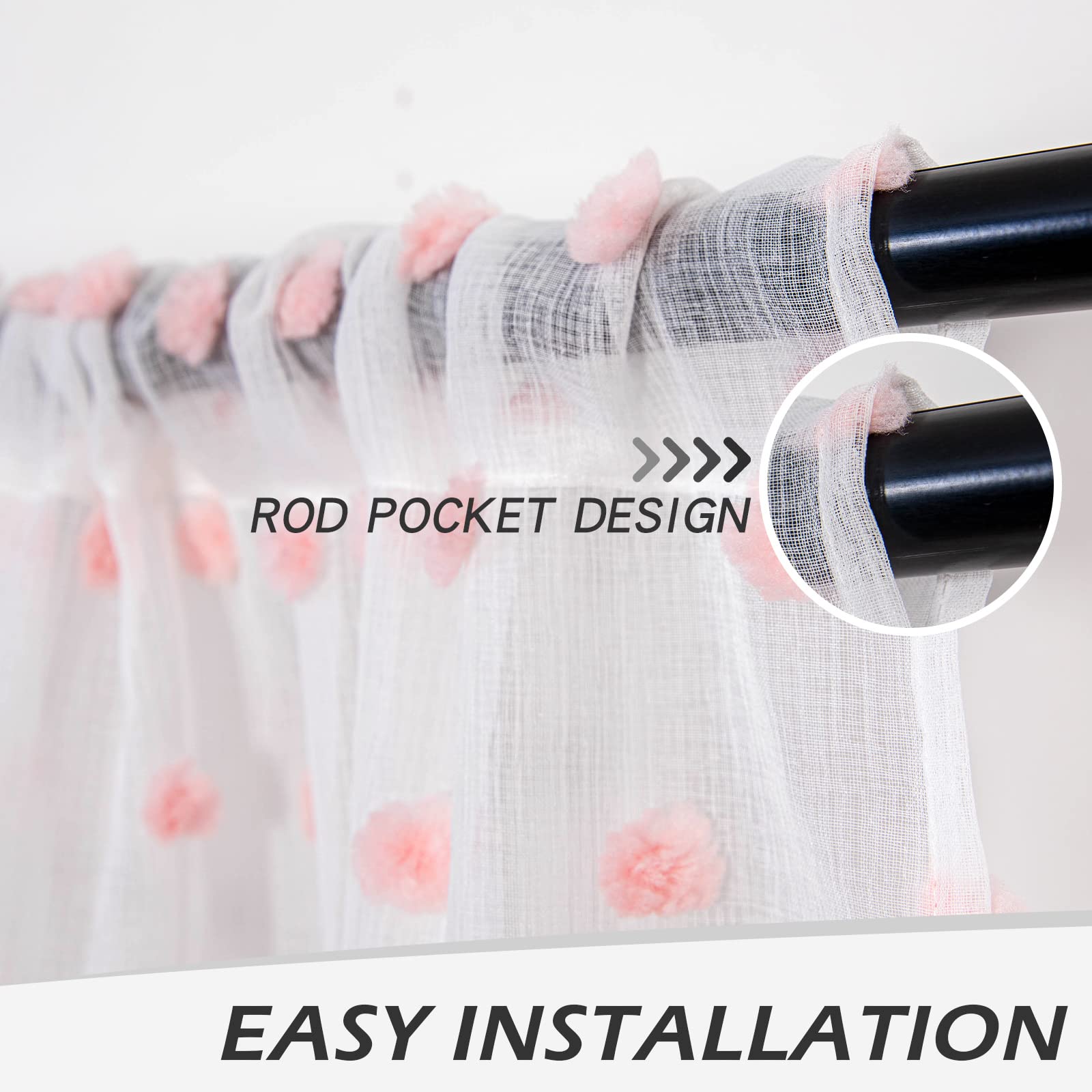 MYSKY HOME pink pom pom sheer curtains show panel detail with rod pocket