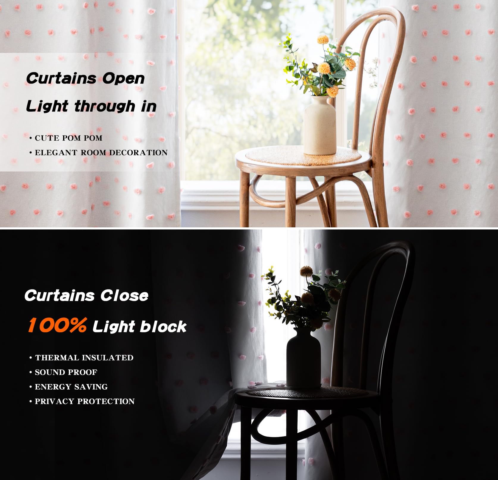 MYSKY HOME pom pom sheer detail adds playful charm to window styling and décor.