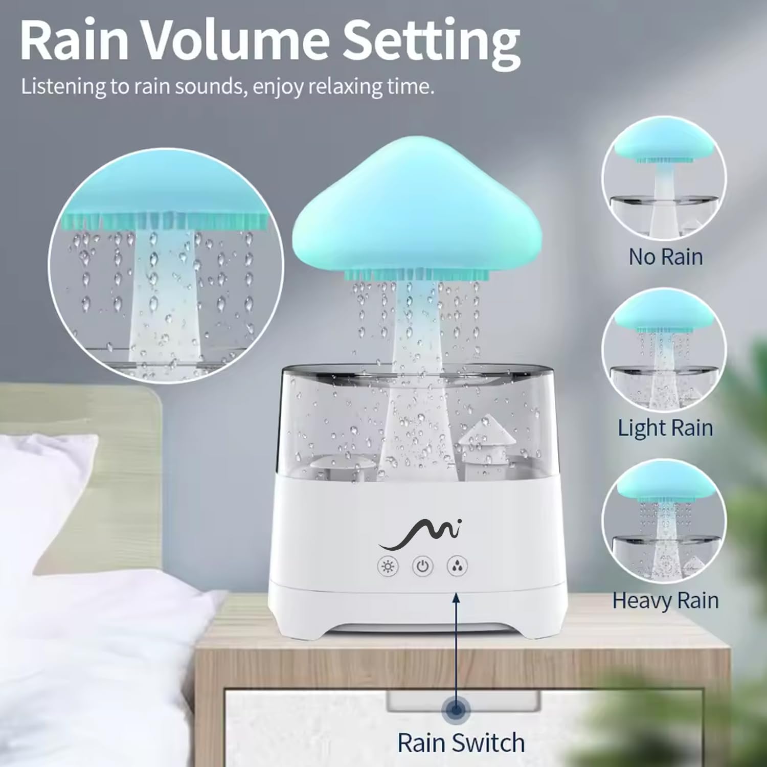 MYSTIQ Rain Cloud humidifier built-in speaker delivering raindrop sounds for relaxation.