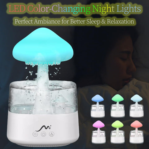 MYSTIQ Rain Cloud humidifier with 7-color LED night light for mood lighting.