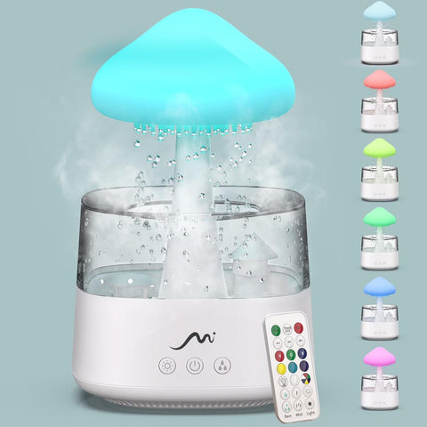 MYSTIQ Rain Cloud humidifier raindrop soundscape to support restful sleep.
