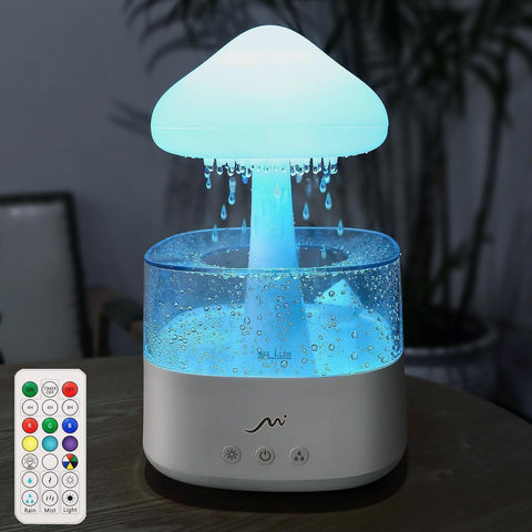 MYSTIQ Rain Cloud humidifier with remote control for convenient bedtime adjustments.