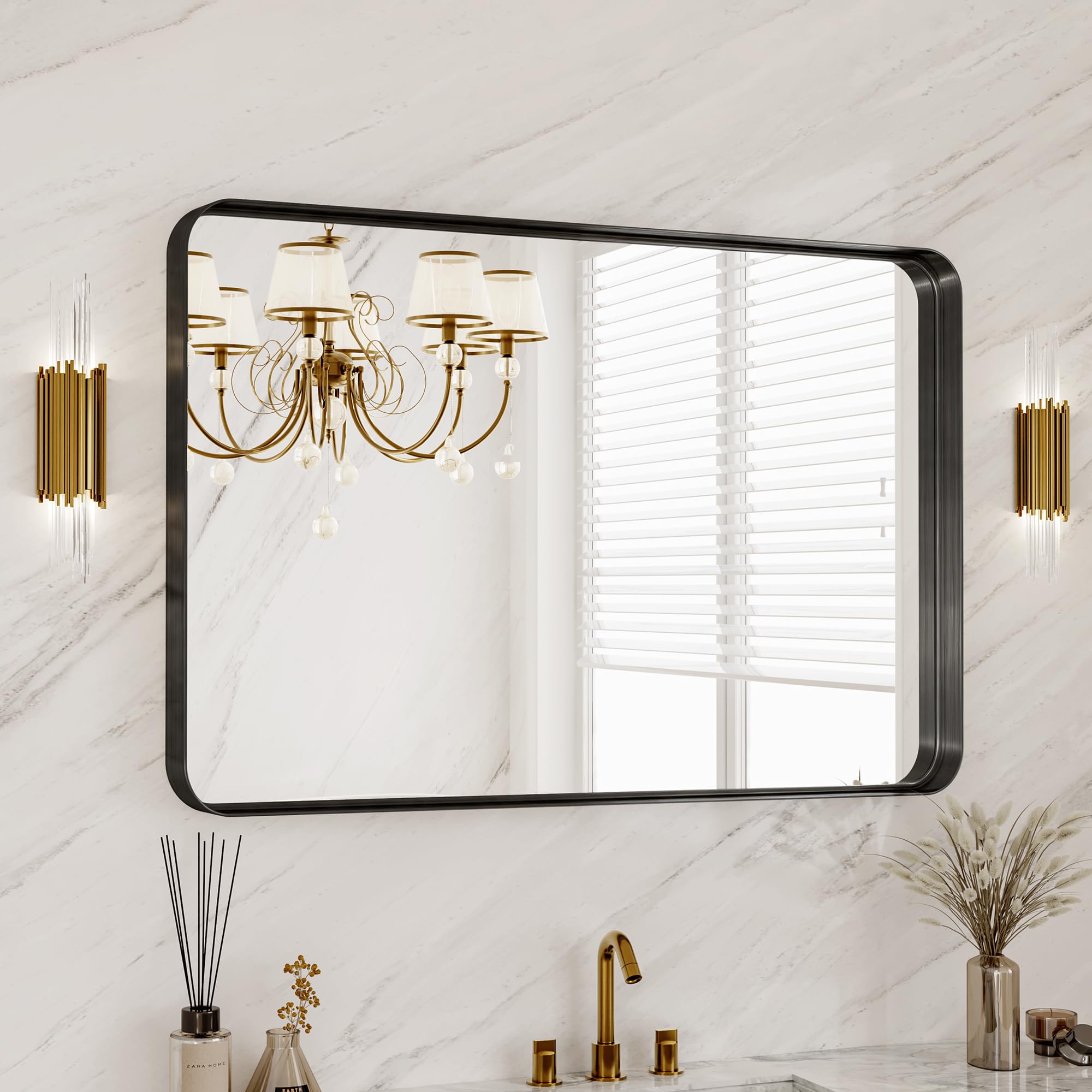 MYSUNORIA 40x30 inch mirror front view highlights modern vanity with matte black frame