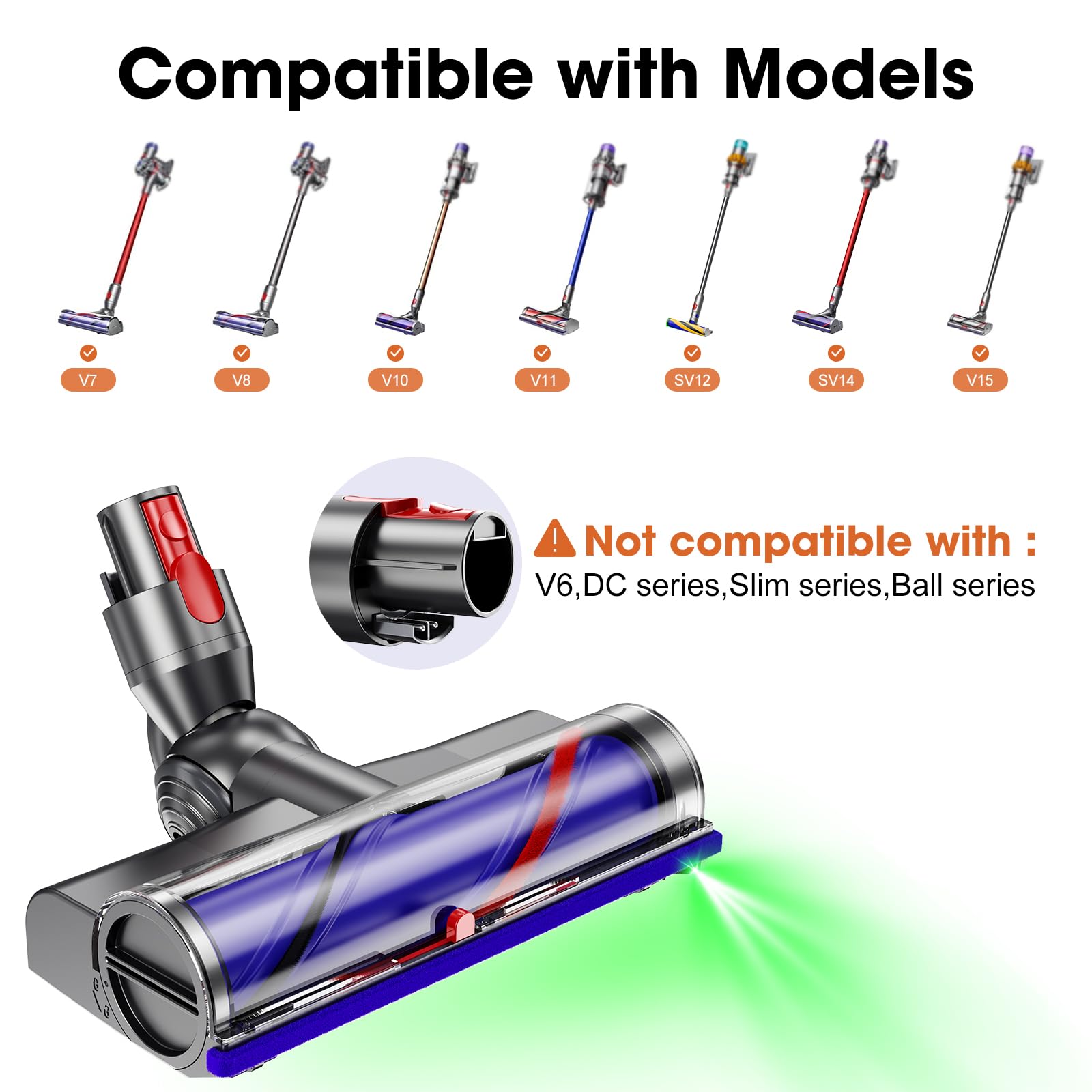 MYUAKO Dy-Son compatible attachment shown with Dyson V7–V15 compatibility.