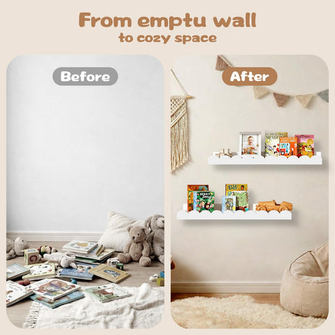 MZJZBN floating white scalloped shelves holding photos