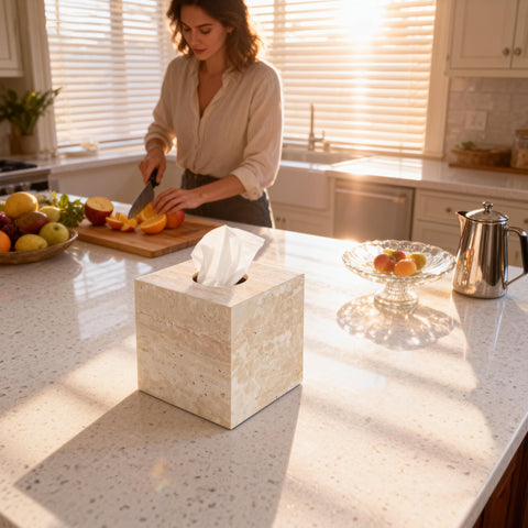 N NANSHOP travertine tissue box cover on bathroom vanity