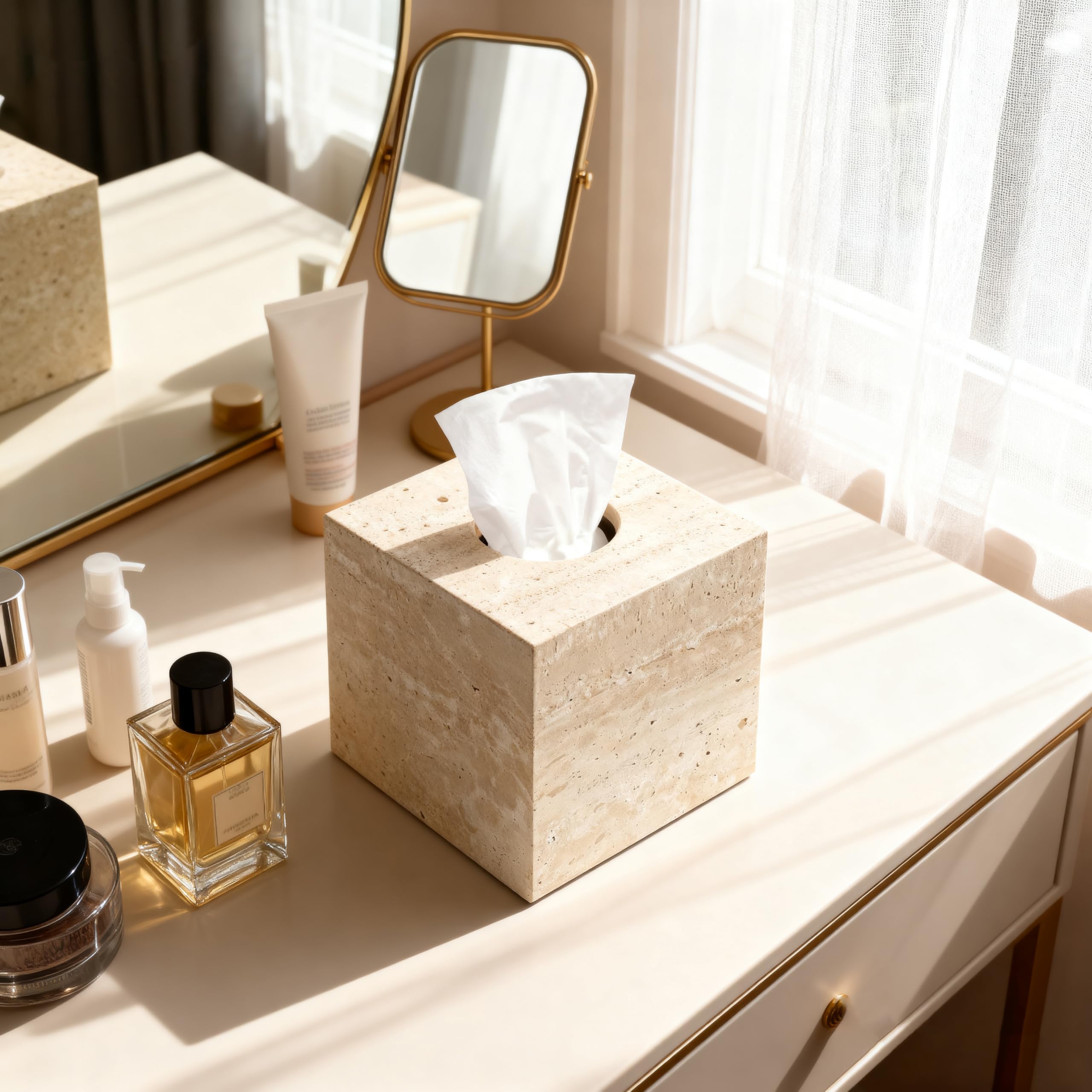 N NANSHOP travertine tissue box cover on kitchen countertop