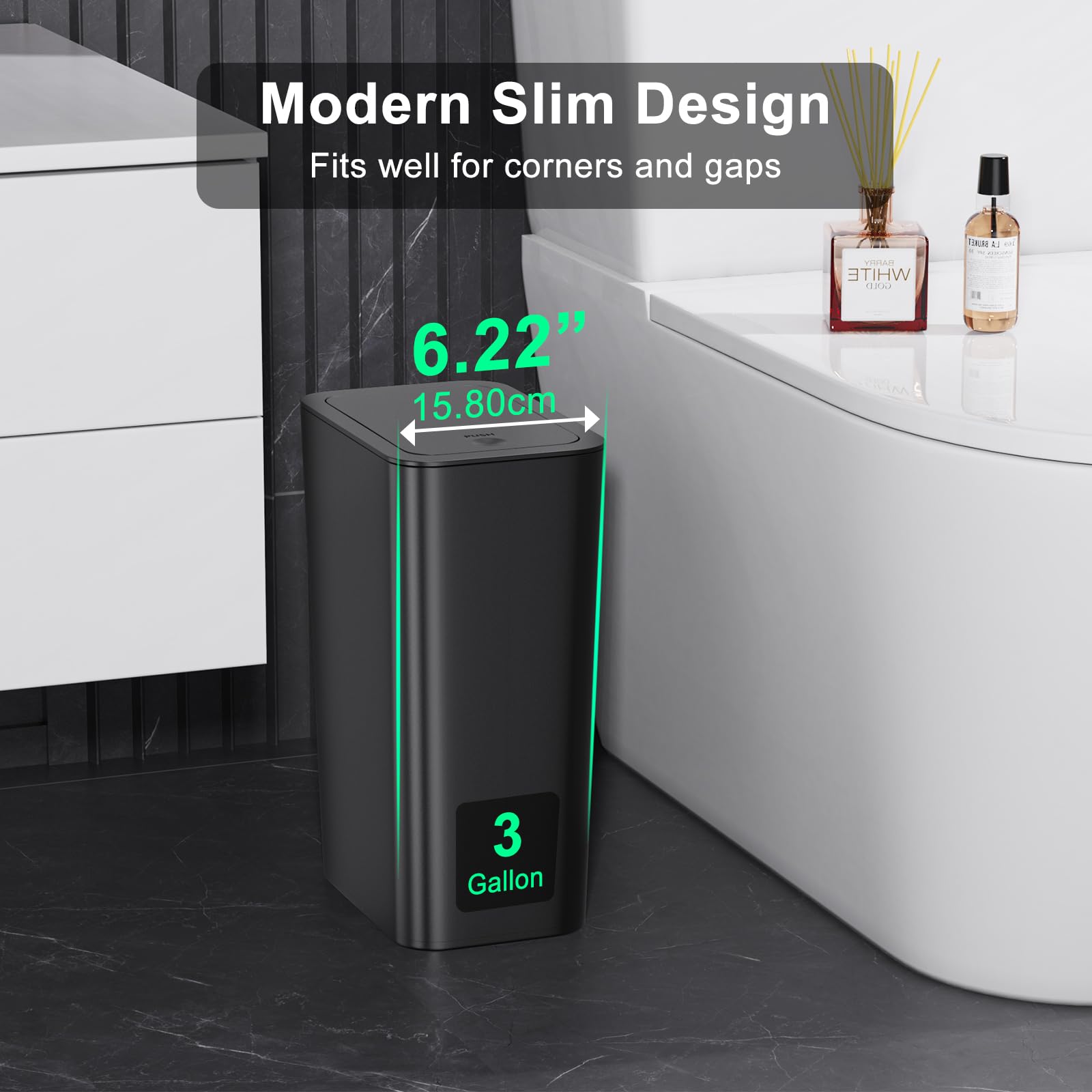 N. NETDOT 3-gallon slim trash bin fits tight corners for clean rooms.