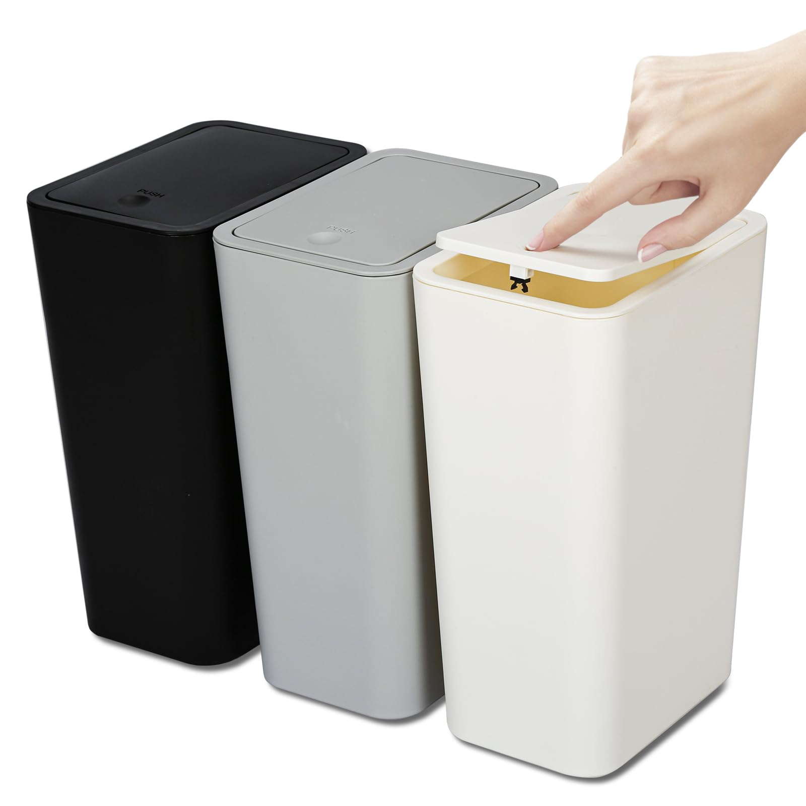 N. NETDOT 3-pack 10L trash can with lid front view showing slim profile for small spaces.