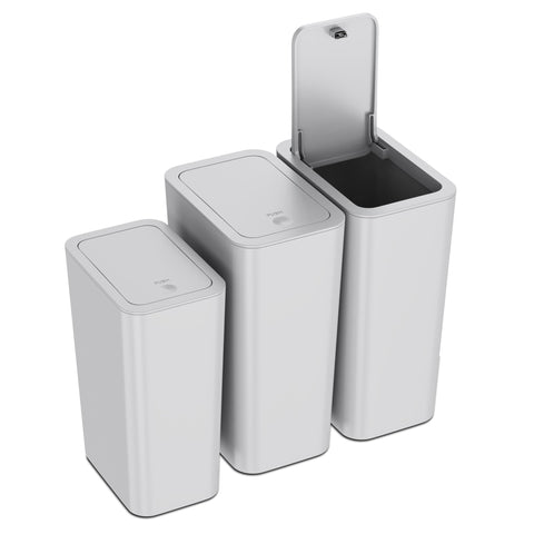 N. NETDOT 3-pack overview: slim gray trash cans keep spaces tidy.