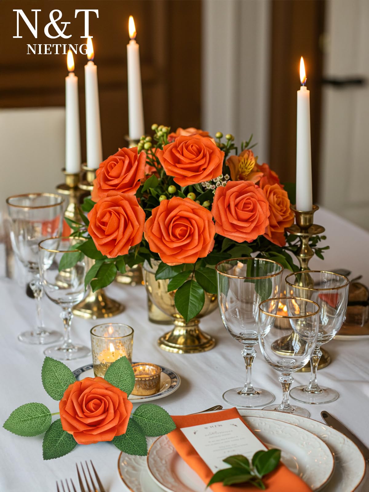 N&T NIETING burnt orange artificial roses close-up showcasing glossy petals