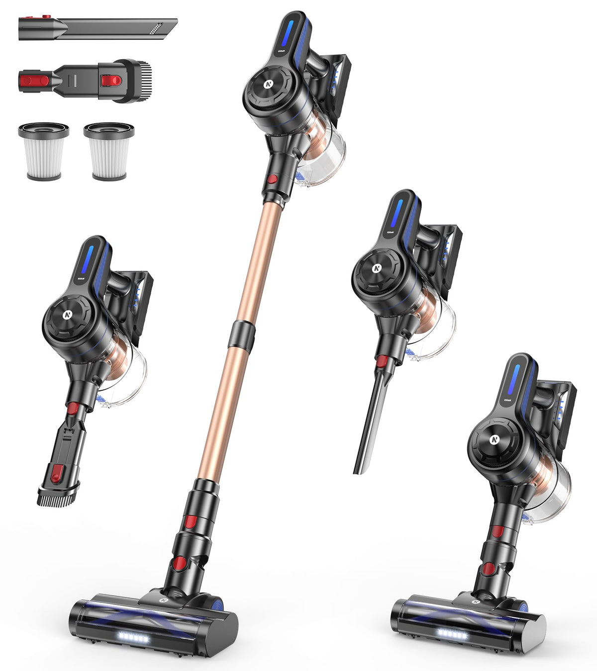 NADALY cordless vacuum front view shows slim, lightweight profile for easy hallway cleaning.