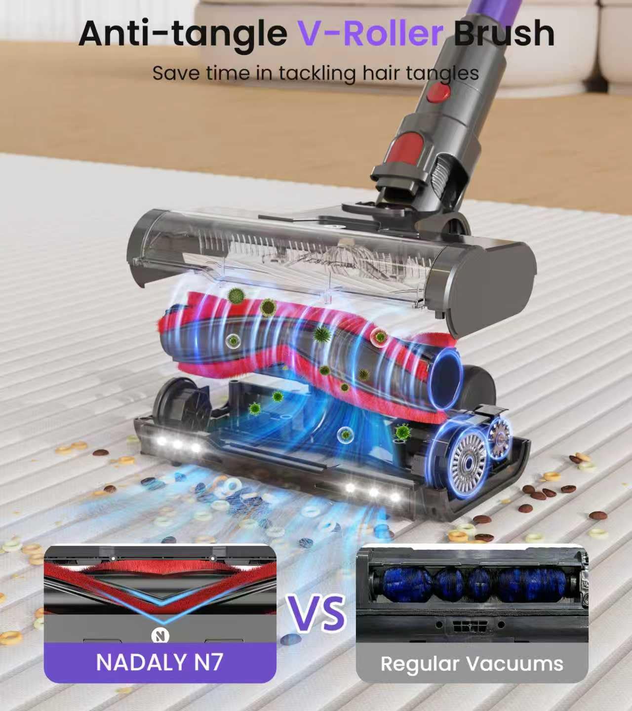 NADALY vacuum features LED headlights to spot dust under furniture