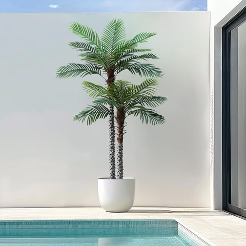 Nafresh 8ft palm tree indoor-outdoor setup highlighting UV resistance