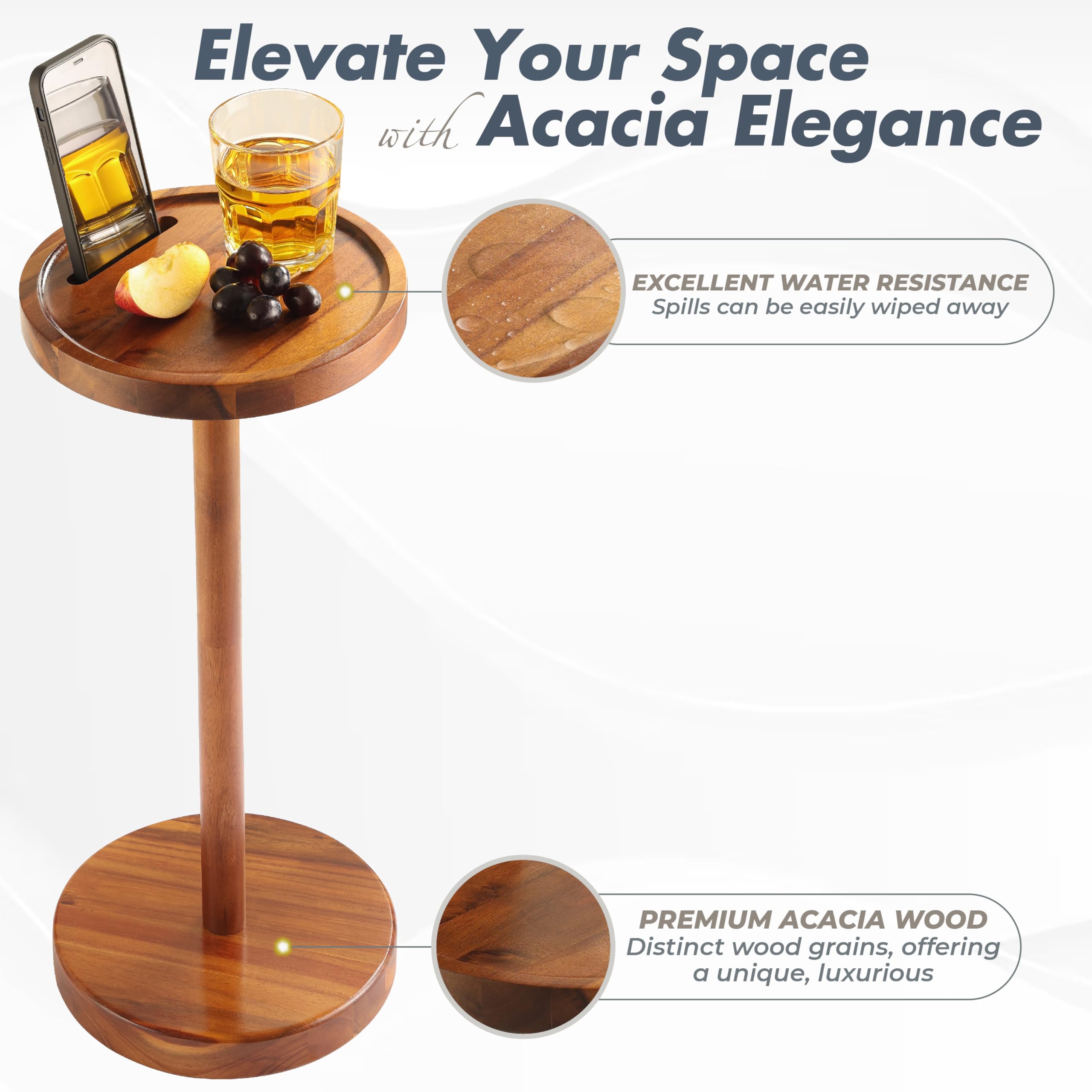 NAGAWOOD acacia pedestal table showing natural wood grain and warmth