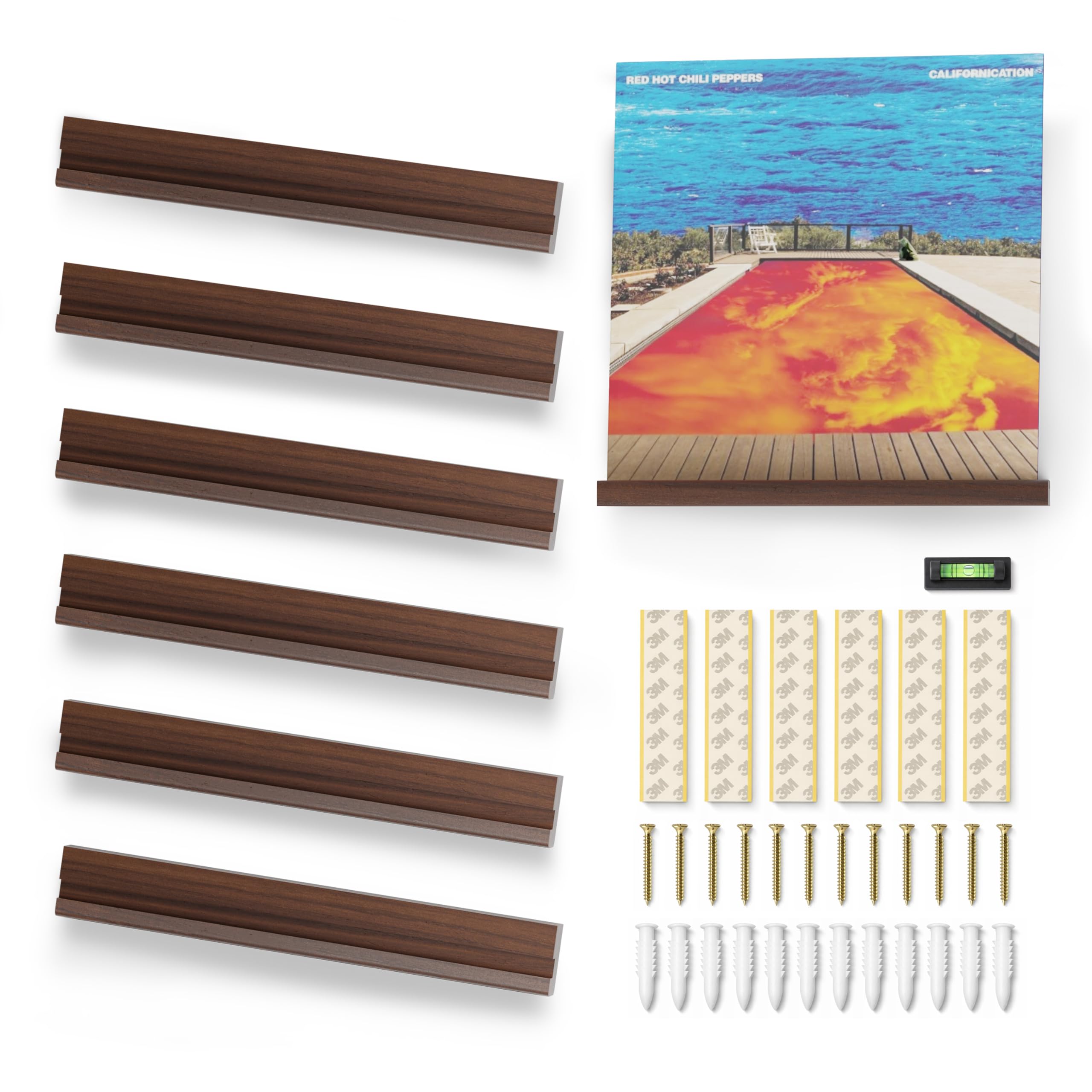 NAGAWOOD vinyl wall mount pack with six acacia shelves for display