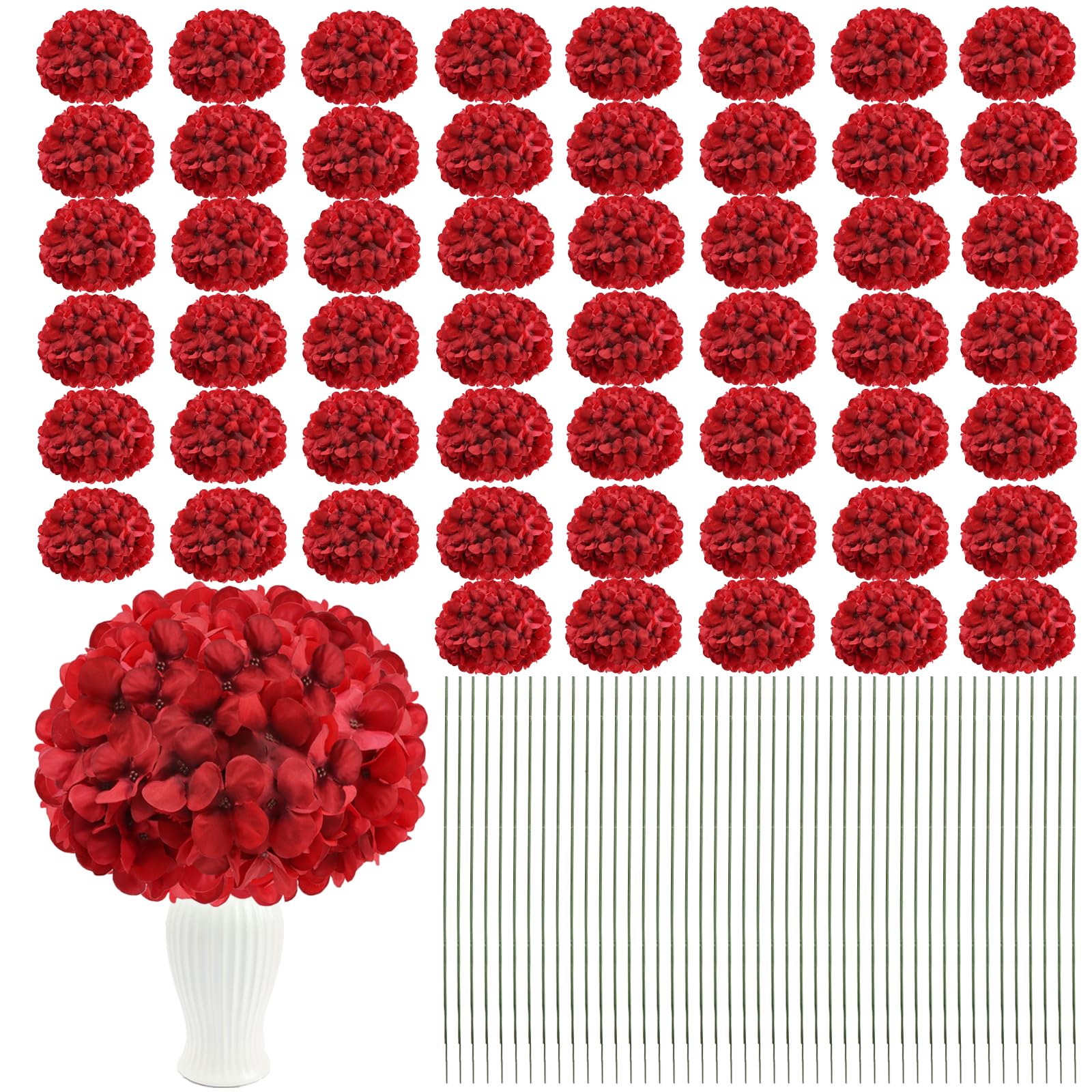 Nagobi artificial hydrangea flower heads in red for lasting wedding centerpieces.