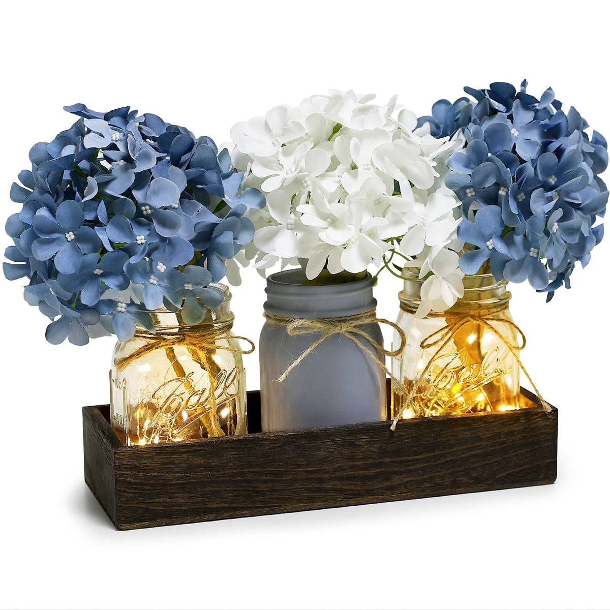 Nagobi mason jar centerpiece on wood tray for rustic dining ambiance