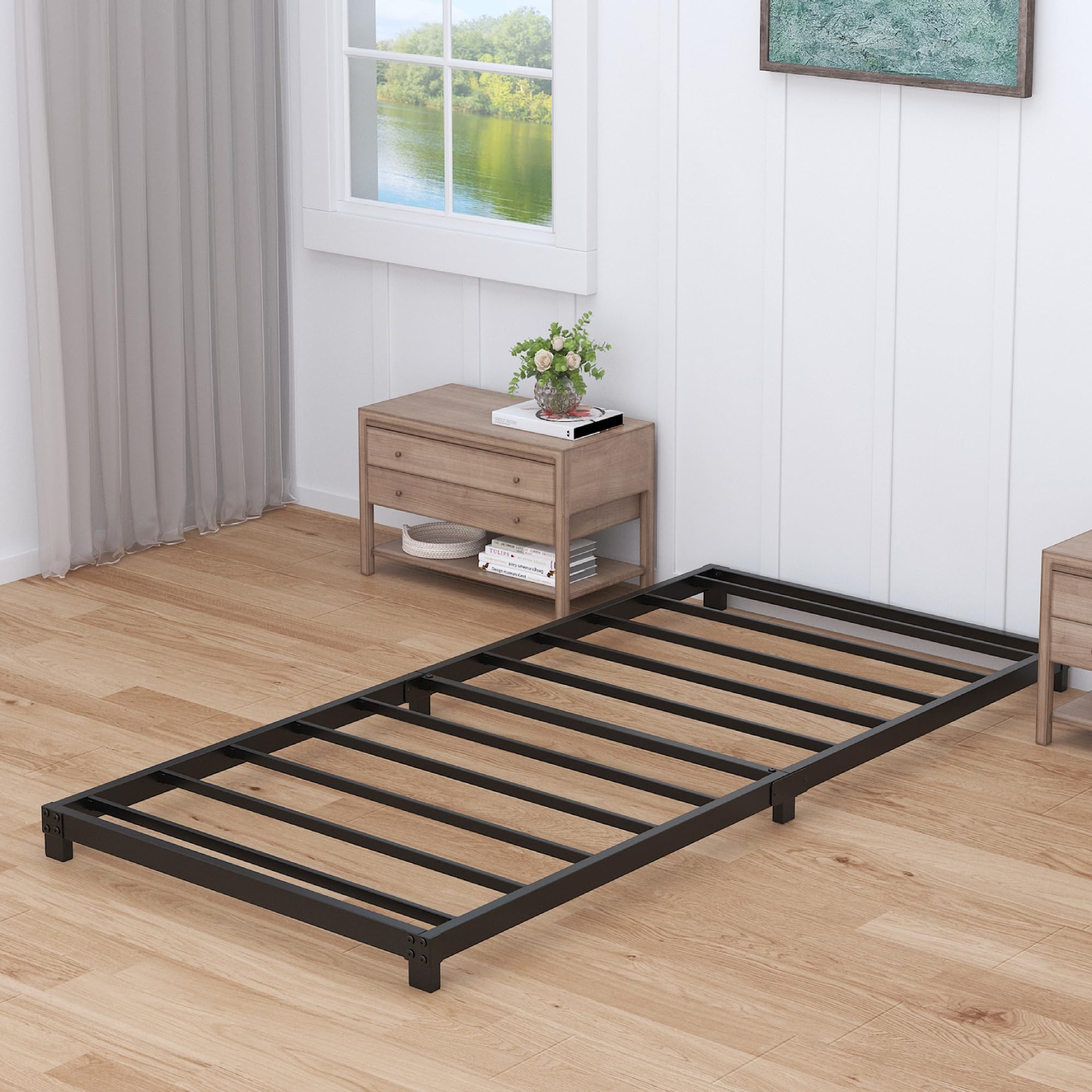 Nailsong 3-inch twin bed frame front view with low profile and sturdy support.