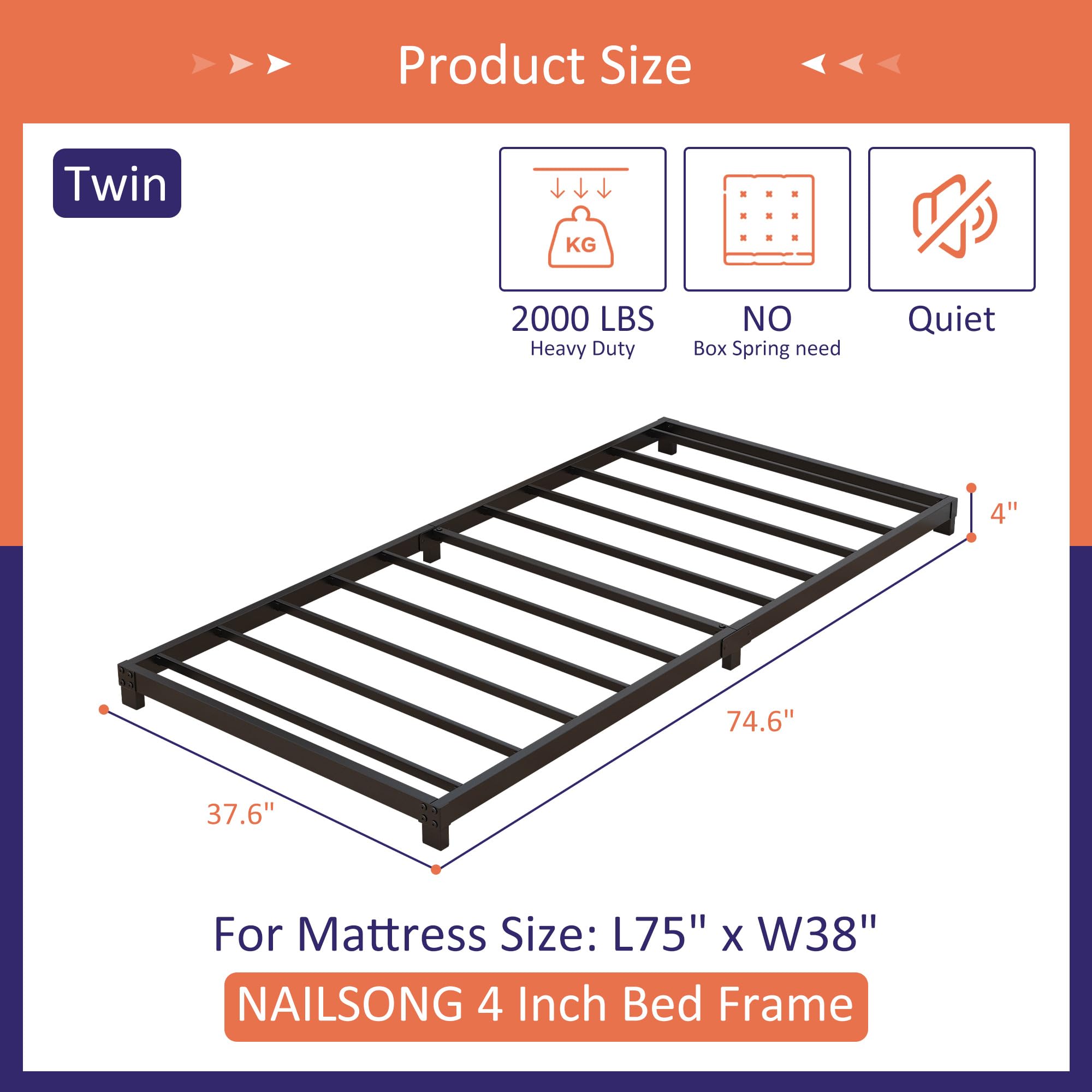 Nailsong 4in twin bed frame assembly parts laid out for easy setup.