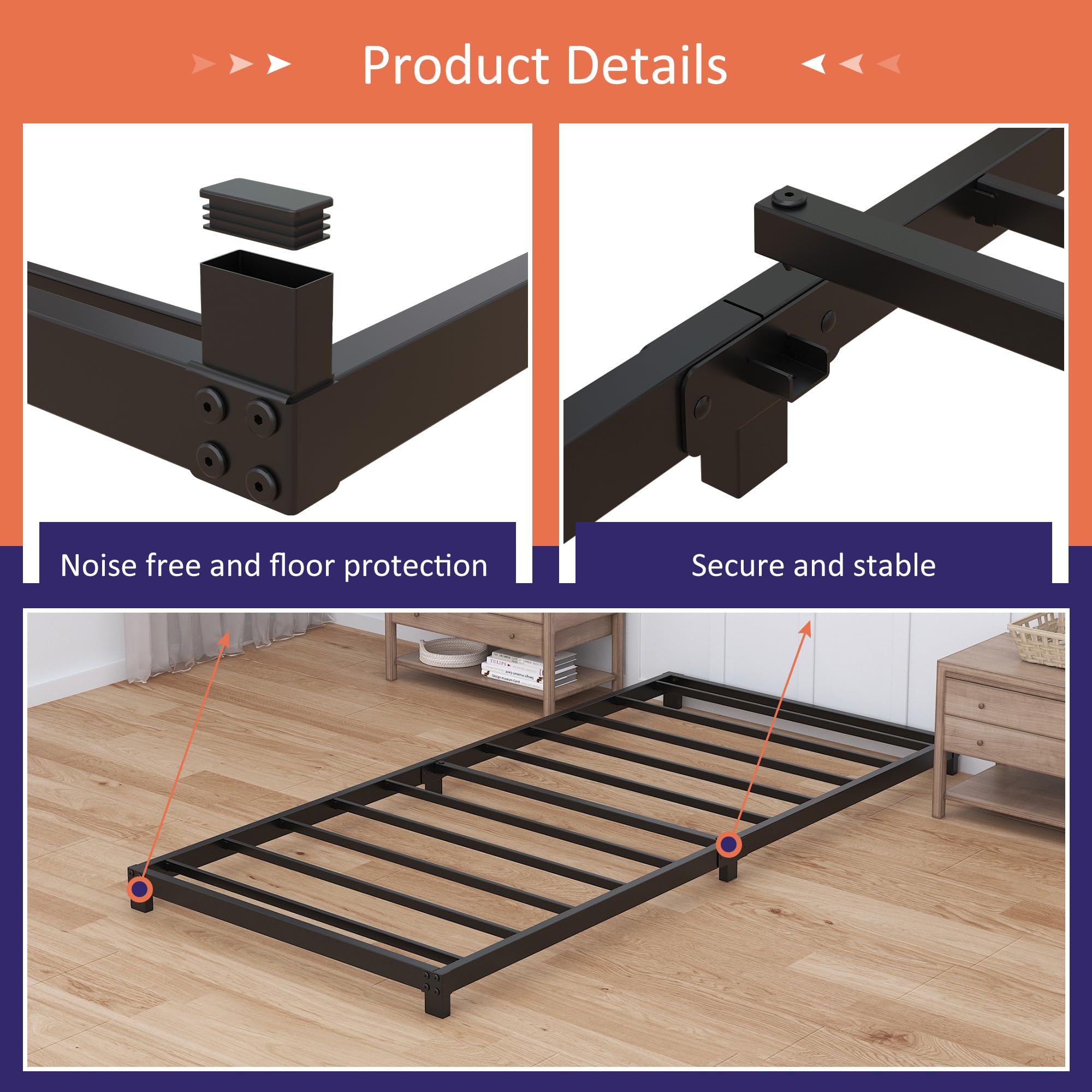 Nailsong 4in twin bed frame black finish for a sleek bedside aesthetic.