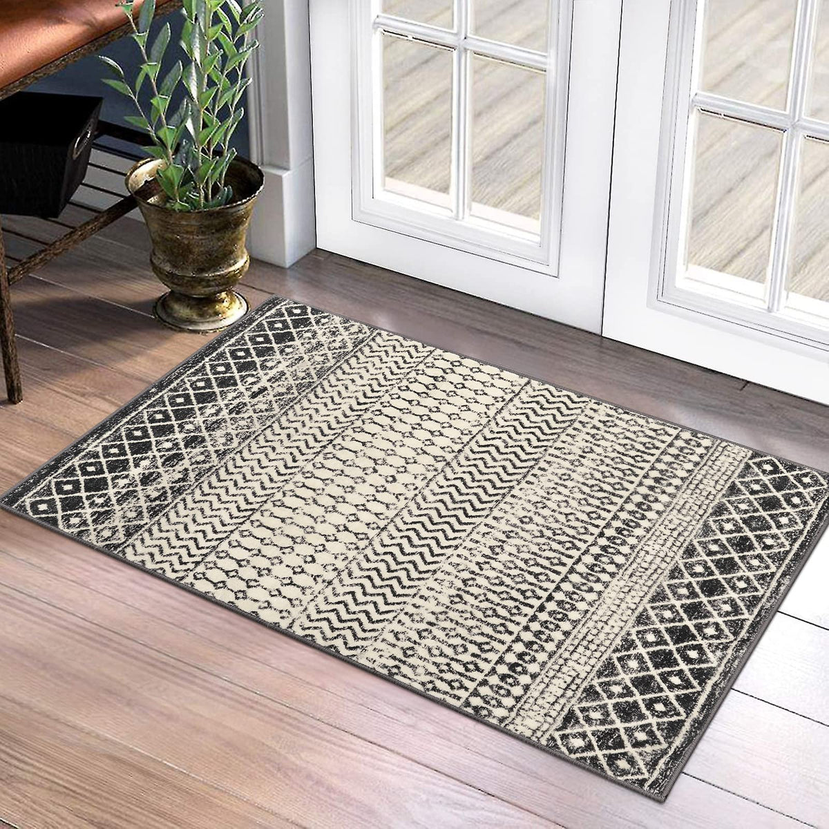 Nailttos Moroccan area rug 2x3 with distressed black pattern for entryways.