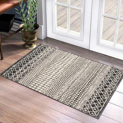 Nailttos Moroccan area rug 2x3 with distressed black pattern for entryways.