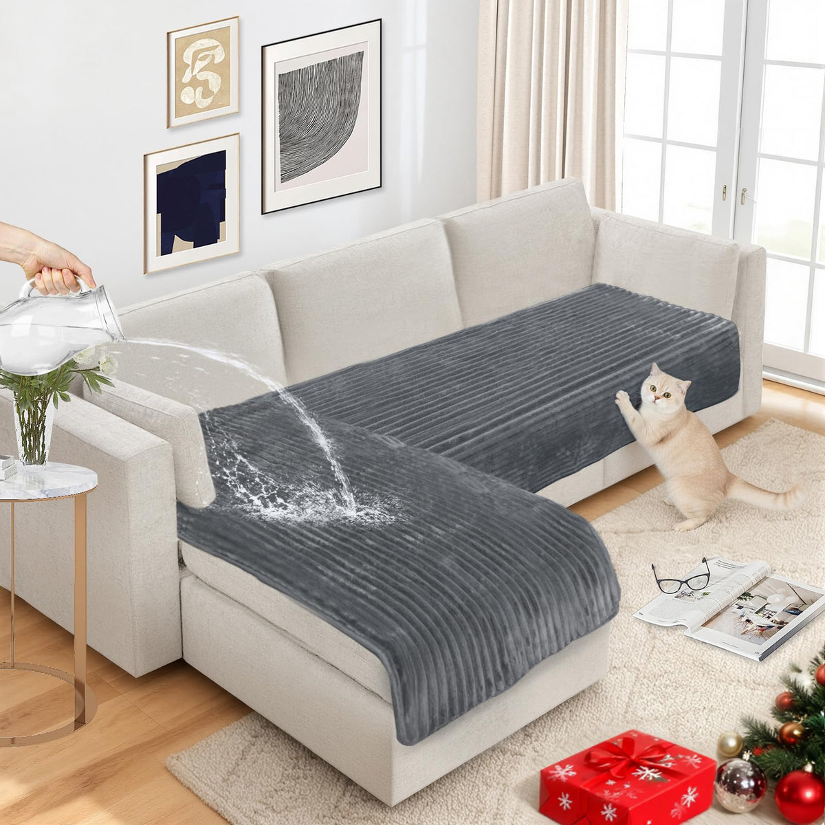 NAISI couch cover for dogs with waterproof stripes protects sofa from spills