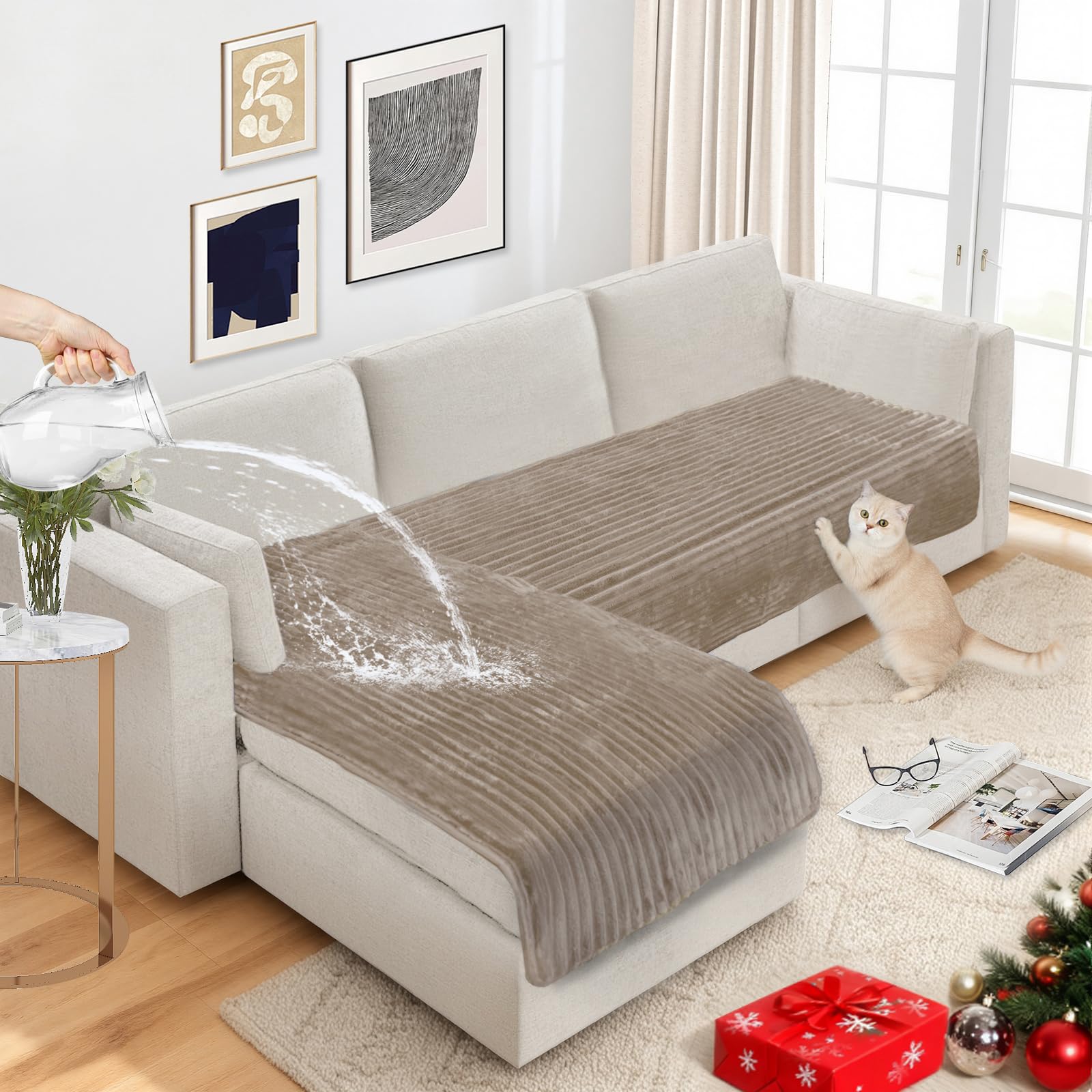 NAISI couch covers in waterproof flannel striped protect your sofa from spills.