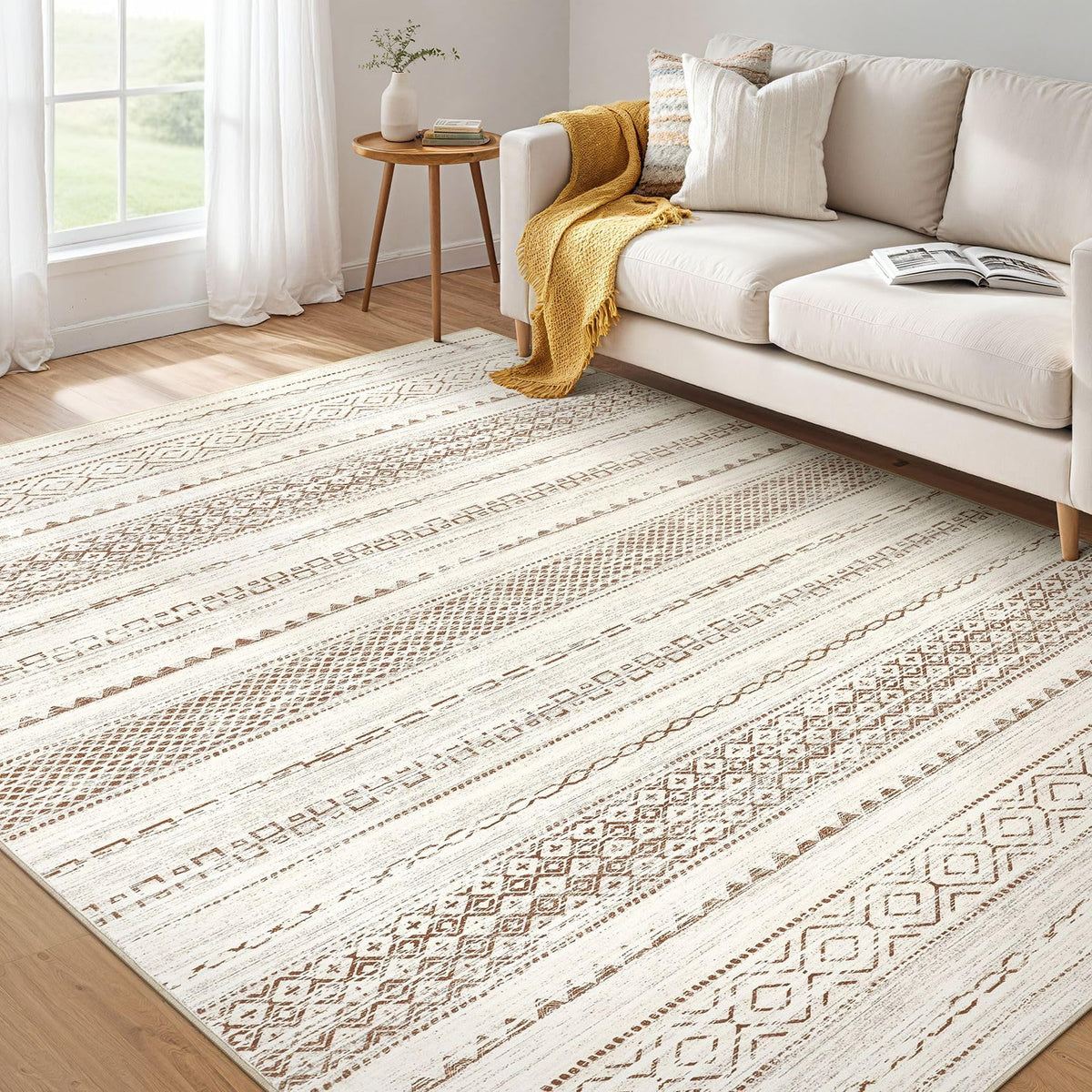 Nakagishi area rug in living room with cozy, durable design for daily family use.