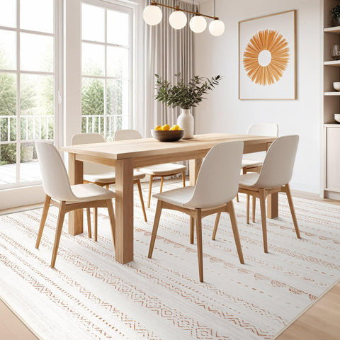 Nakagishi area rug neutral tone design brightens dining and entry areas
