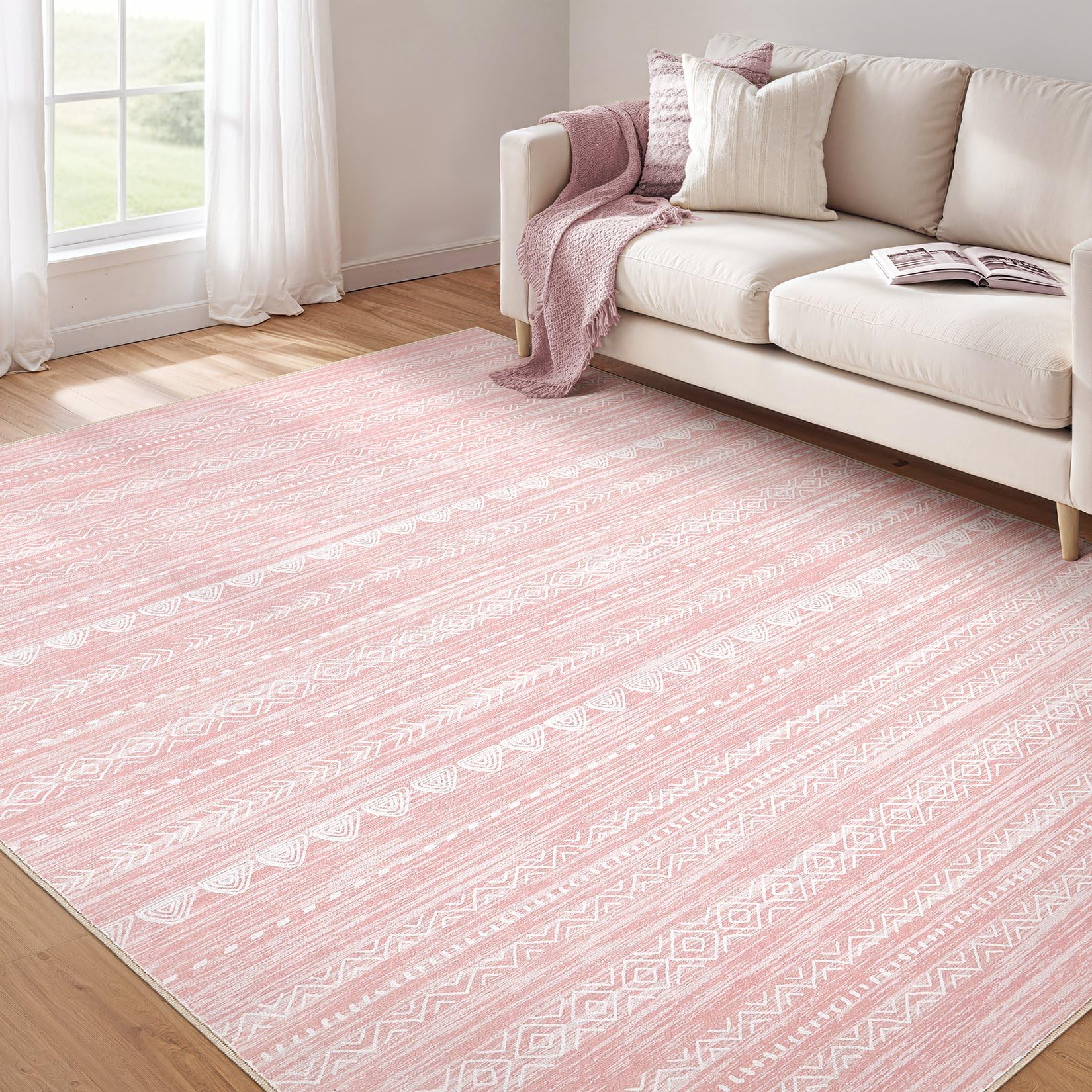 Nakagishi pink rug 5x7 shows soft, cozy texture for bedrooms and living areas.
